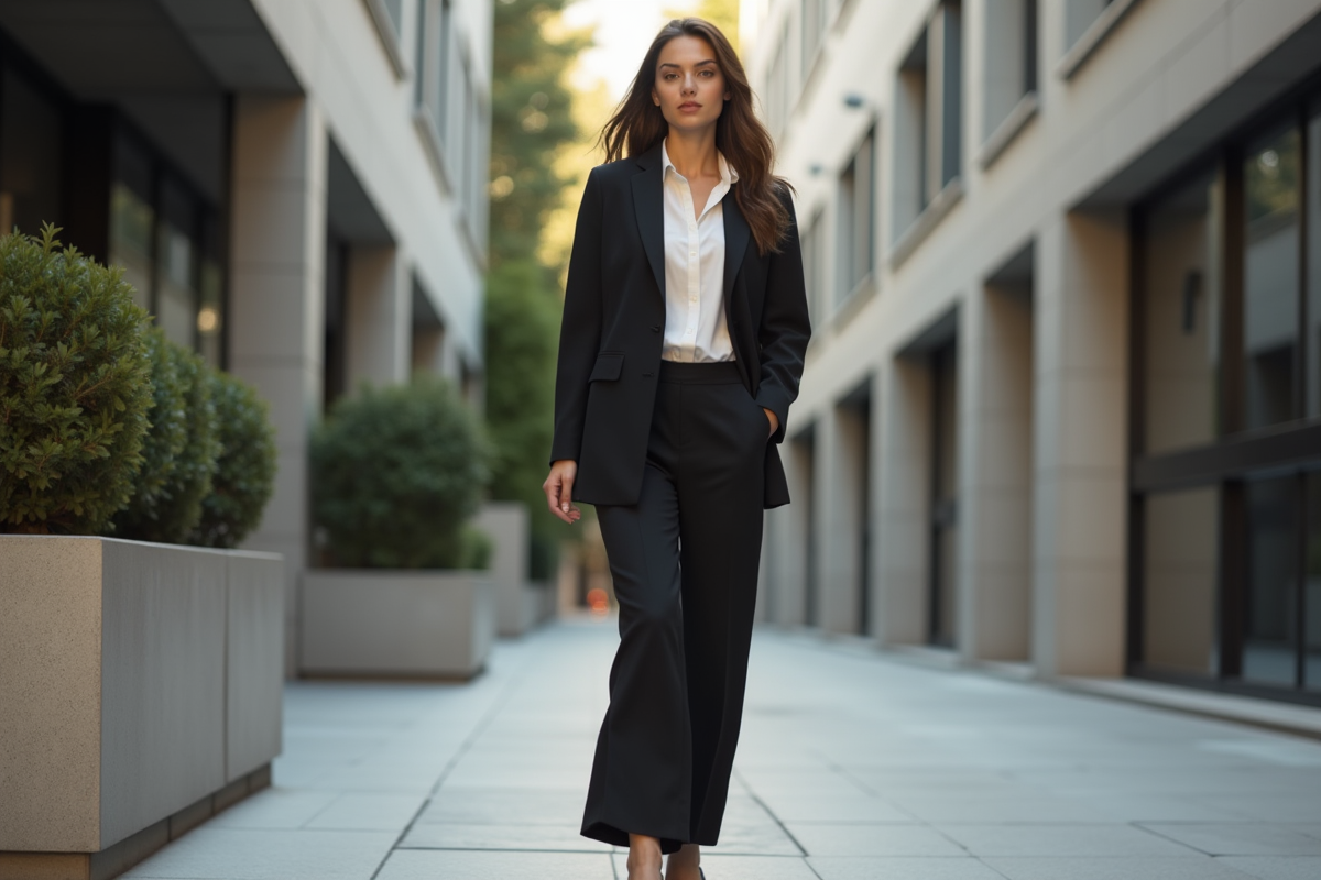 Jeune femme élégante marchant dans une rue urbaine moderne