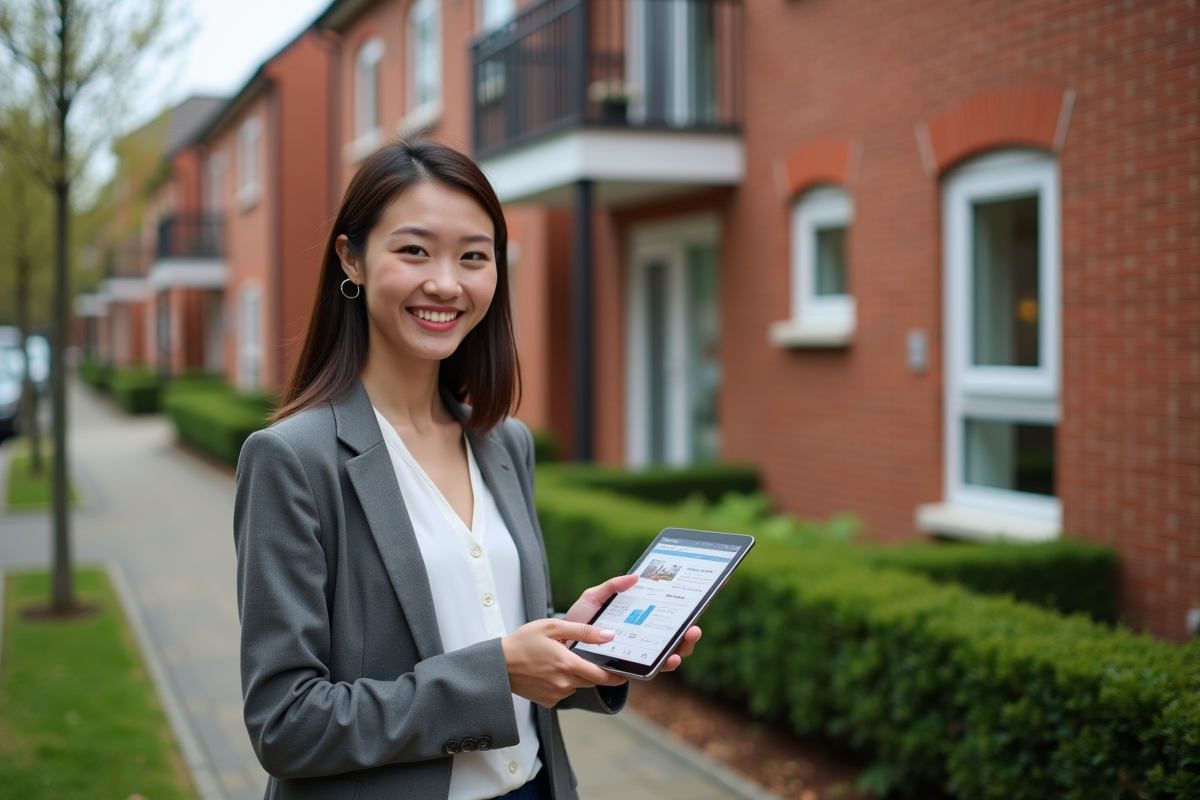 Jeune femme souriante devant immeuble rénové