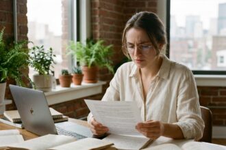 Jeune femme portant des lunettes de vue travaillant à son bureau dans un appartement parisien, illustrant la progression de la myopie en France