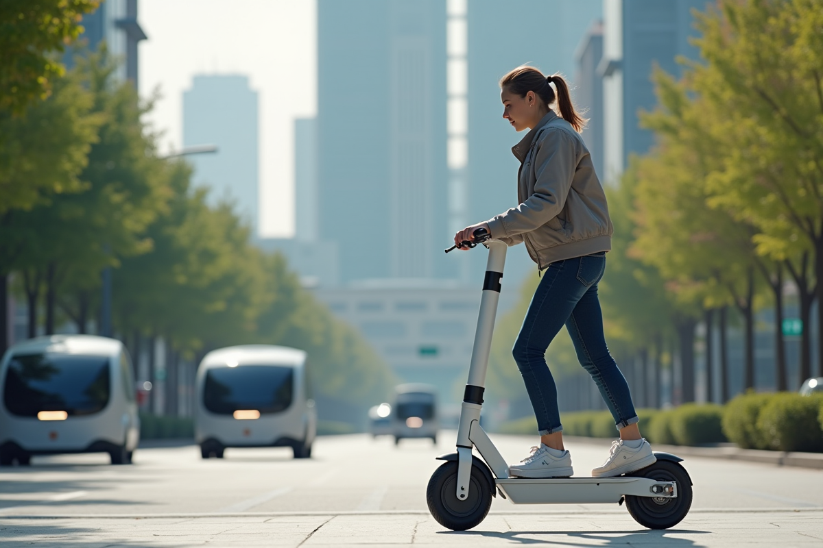Jeune femme en scooter électrique dans une ville futuriste