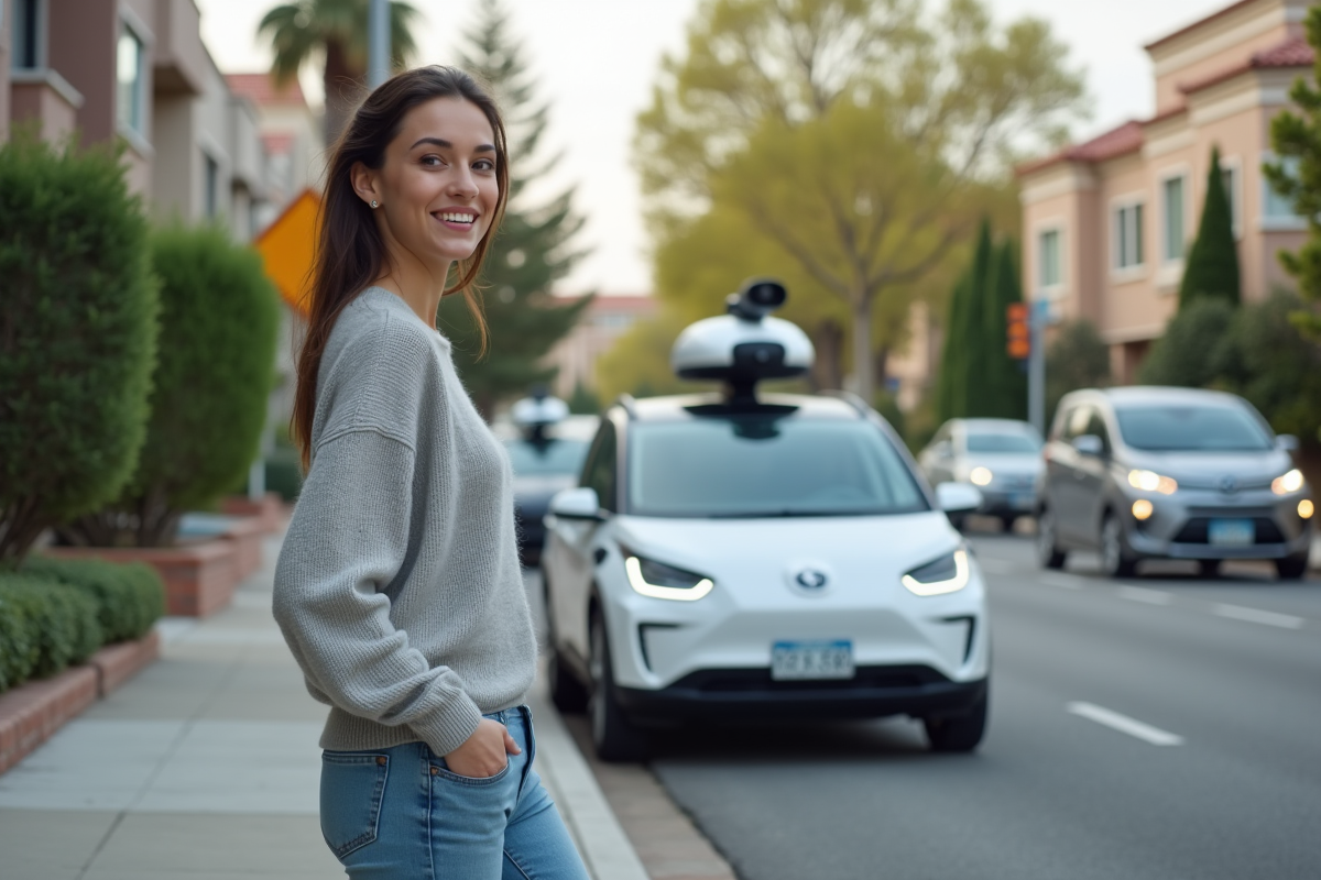 Jeune femme observe une voiture autonome à un passage piéton