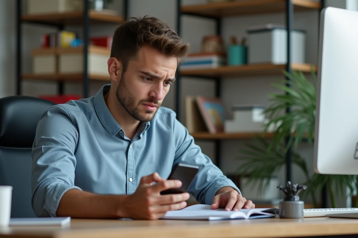 Jeune homme au bureau avec smartphone et carnet