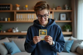 Jeune homme tenant une carte Pokémon rare avec émerveillement