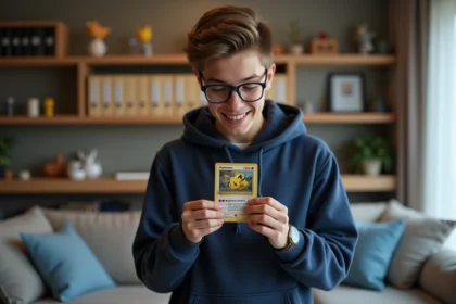 Jeune homme tenant une carte Pokémon rare avec émerveillement