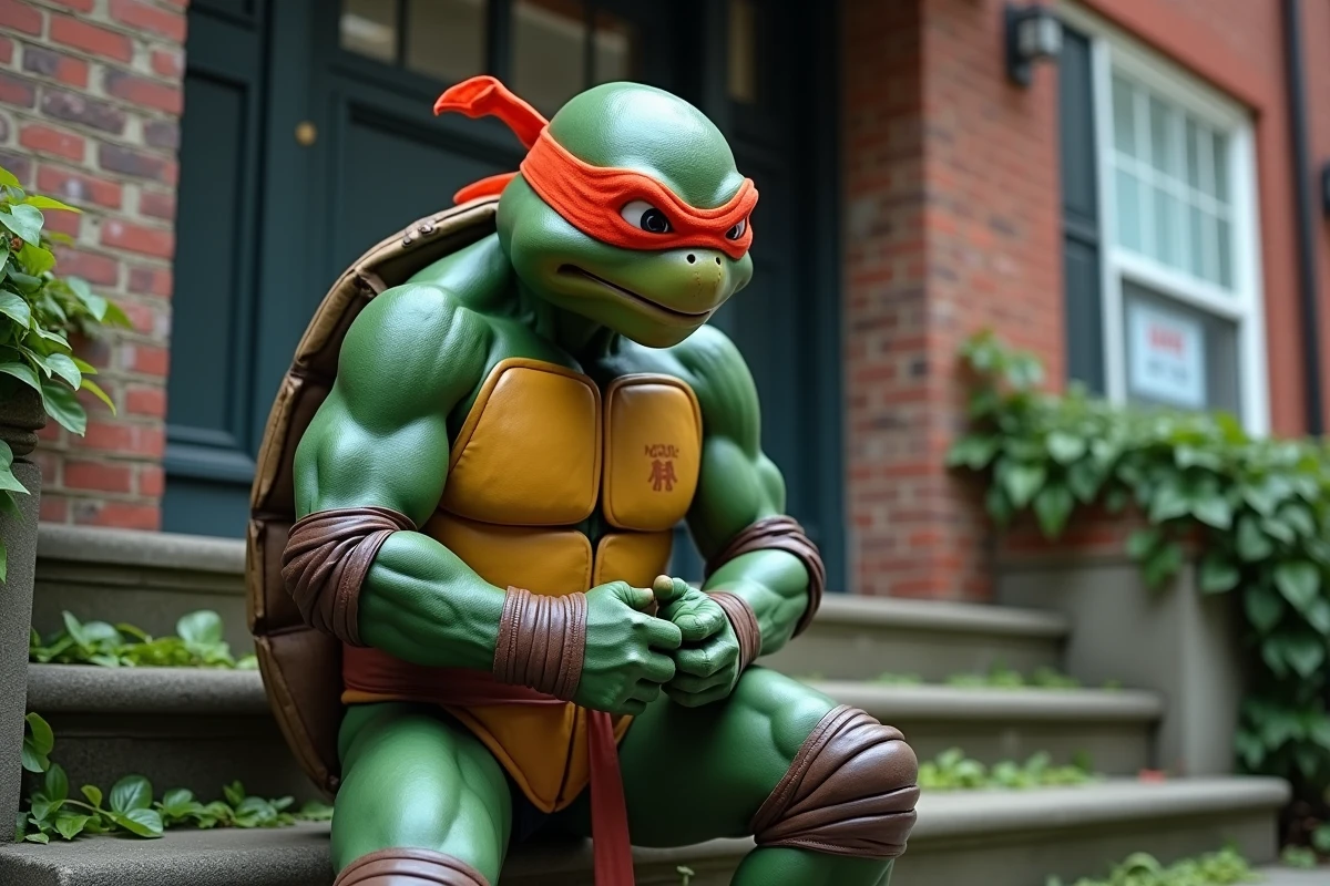 Jeune homme en costume de Tortue Ninja ajustant sa ceinture dehors