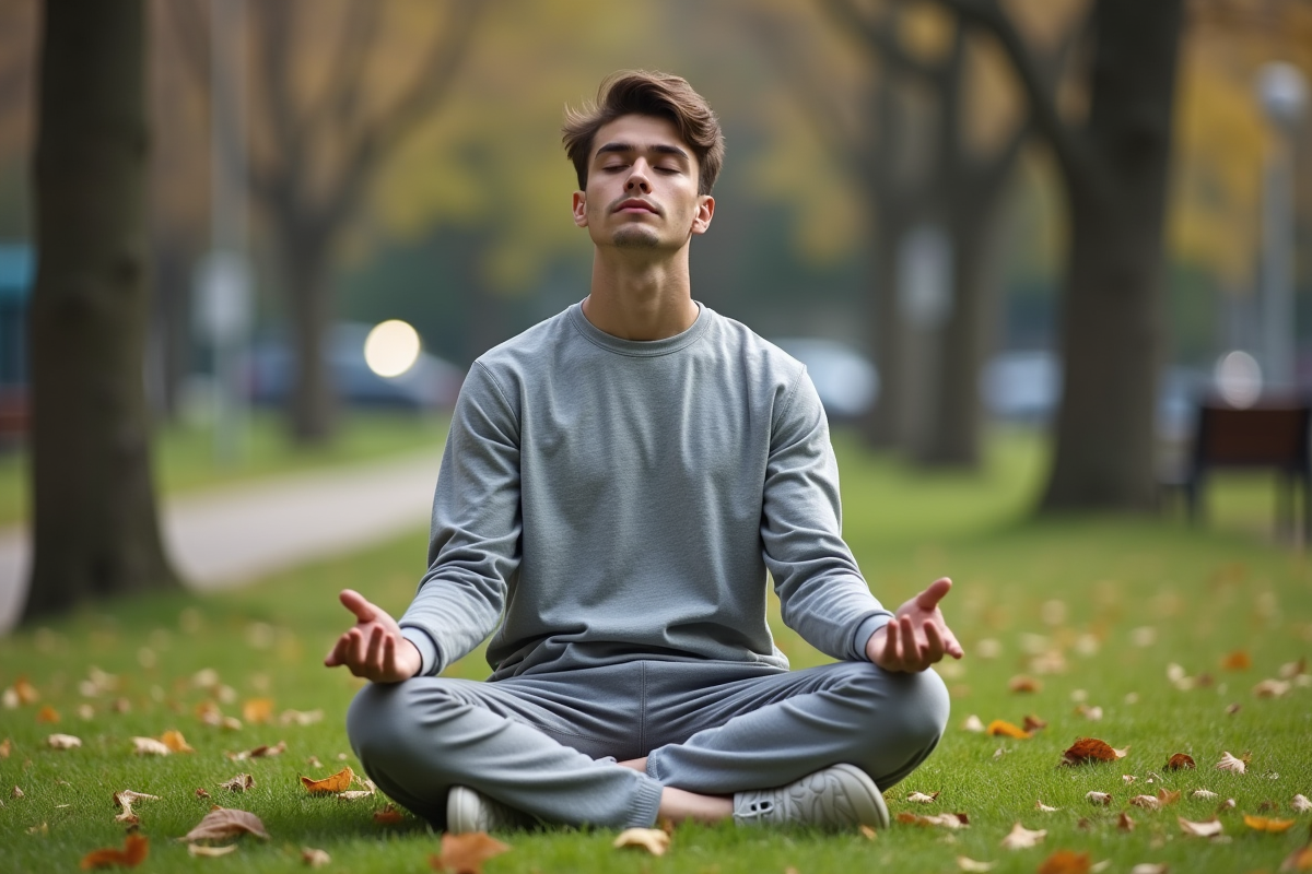 Jeune homme en méditation dans un parc urbain