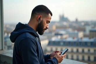 Jeune homme nord-africain vérifiant les horaires de prière sur smartphone