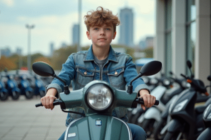 Jeune garçon en denim sur scooter en ville