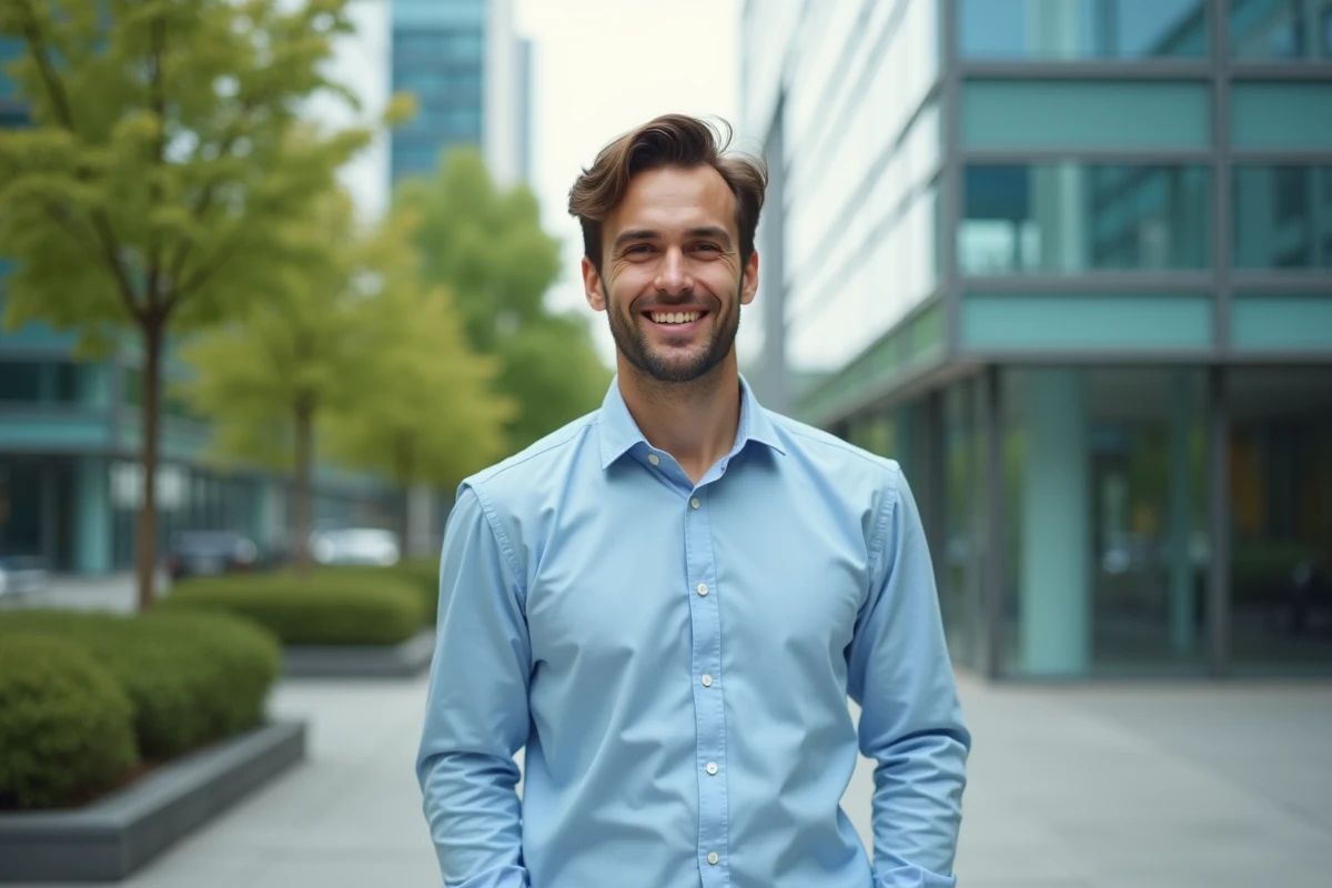 Jeune homme professionnel souriant en extérieur urbain