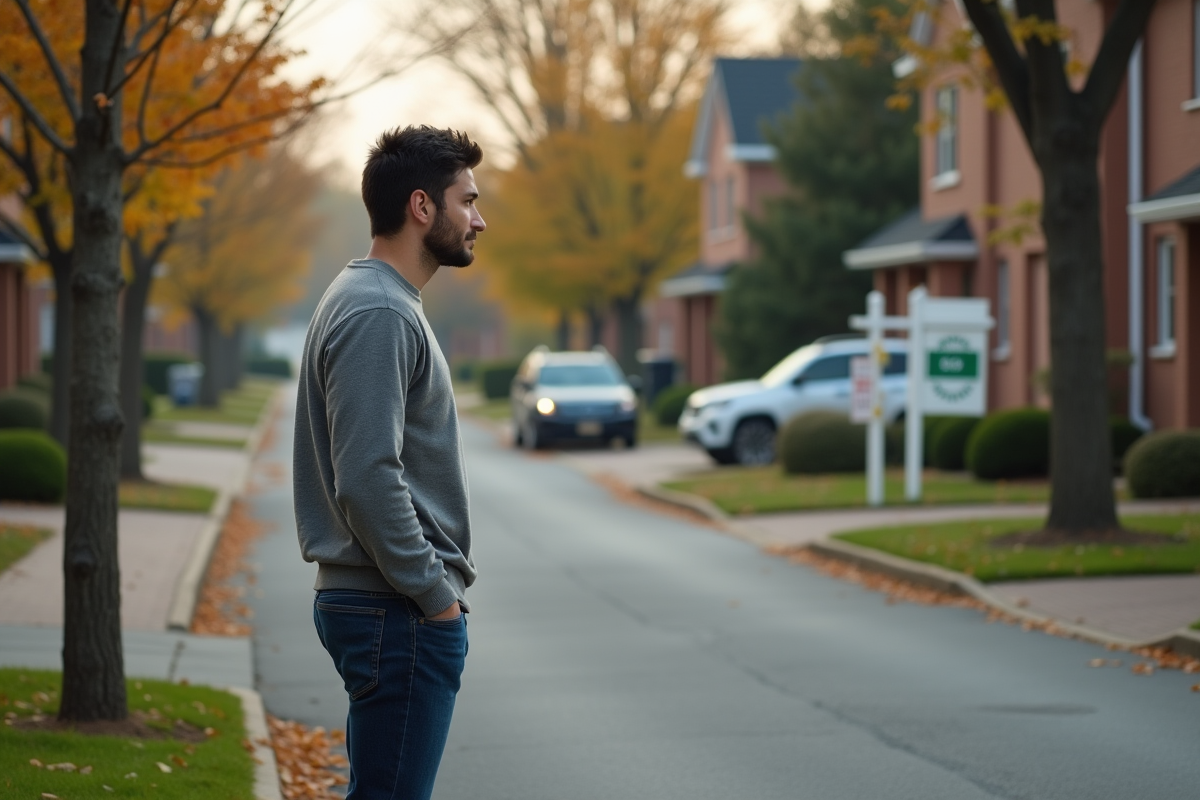 Jeune homme inspecte une maison à vendre dans un quartier résidentiel