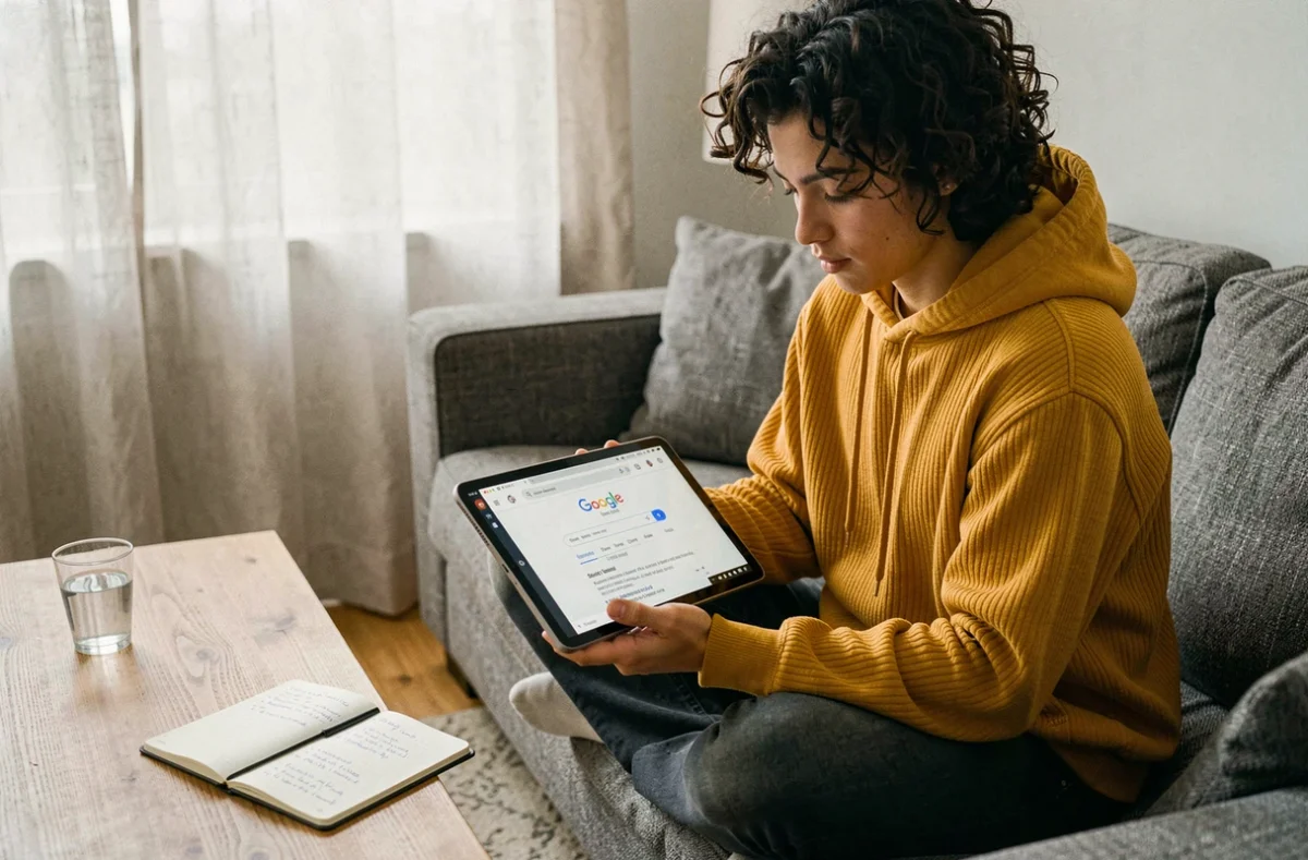 Jeune professionnel sur un canapé utilisant une tablette Google avec un carnet de notes pour gérer sa productivité