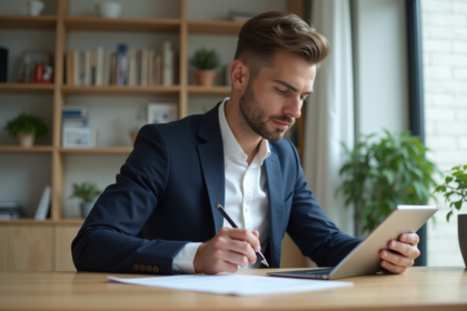 Jeune homme en bureau moderne utilisant une tablette