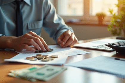 Jeune professionnel organisant des documents financiers sur un bureau lumineux