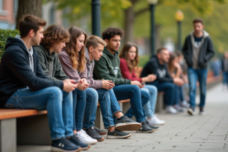 Groupe de jeunes en ville portant vêtements de marque décontractés