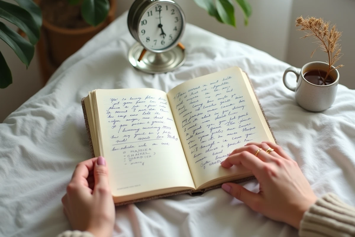 Journal intime ouvert avec horloge affichant 03h03 symbolisant le message caché de la flamme jumelle