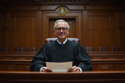 Juge en robe noire tenant un document officiel dans une salle d'audience française, illustrant une décision de justice et le terme juridique débouter