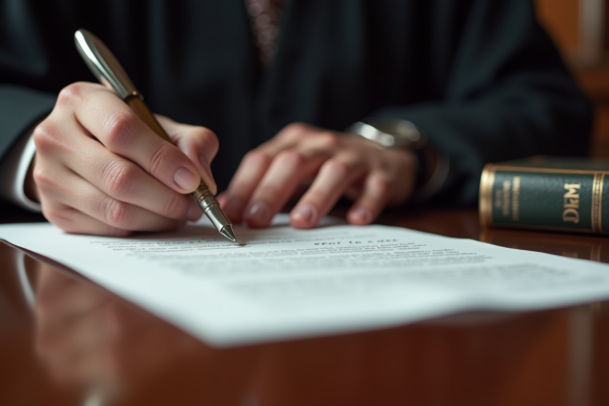 Détail d’un juge tenant un stylo sur un contrat officiel avec le Code civil en arrière-plan