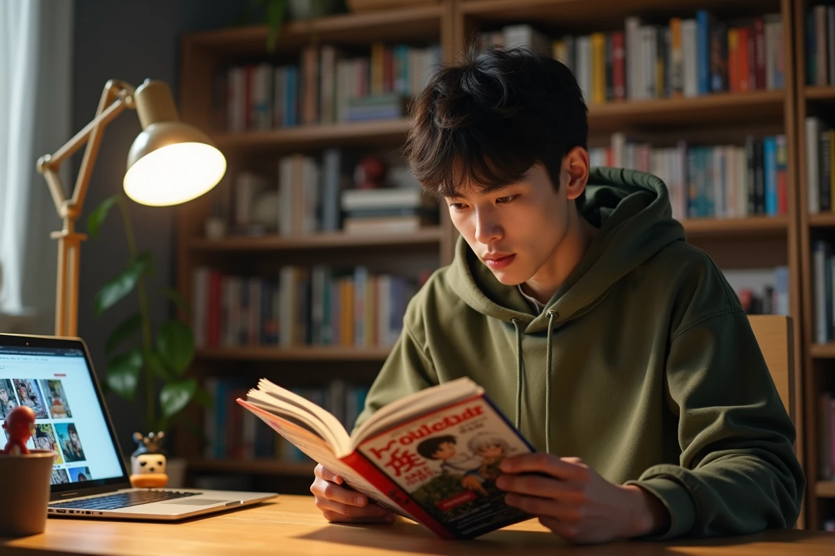 Jeune homme lisant un manga en français dans une chambre remplie de collections de mangas et d'une bibliothèque garnie