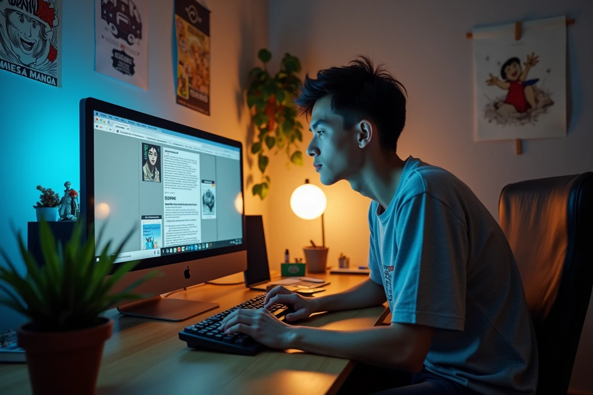 Homme lisant des mangas VF sur ordinateur dans un bureau à domicile décoré de posters et figurines manga