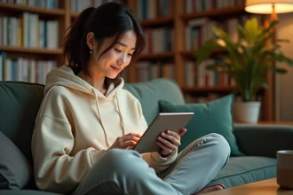 Jeune femme lisant des mangas en ligne sur une tablette, confortablement installée dans son salon entouré de volumes de manga