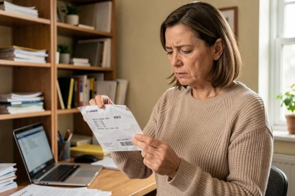 Femme examinant une enveloppe de courrier suivi La Poste avec une expression préoccupée dans un bureau à domicile