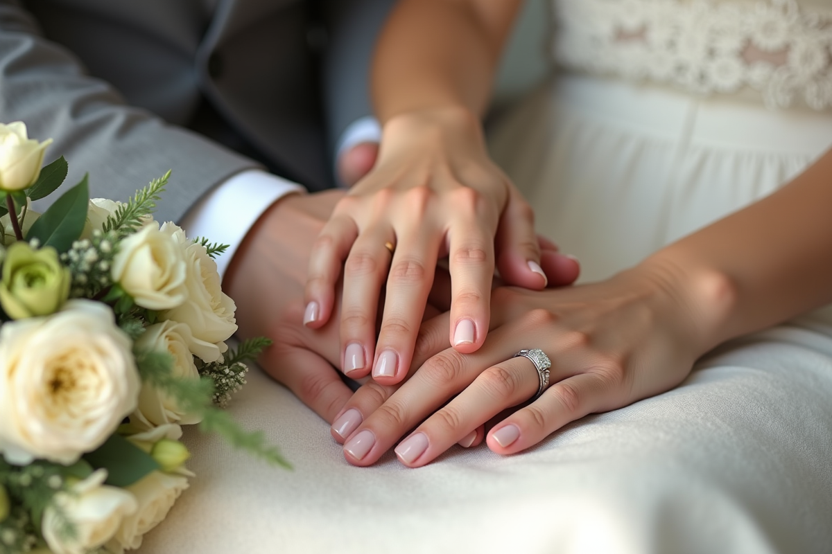 Mains entrelacees avec alliances et fleurs blanches