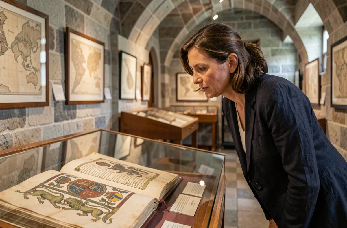 Femme examinant un manuscrit médiéval illustrant les armoiries des duchés bretons dans une vitrine de musée historique régional