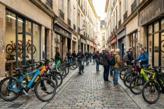 Vue d'ensemble d'une rue commerçante en Gironde avec plusieurs magasins de vélos électriques et des cyclistes urbains