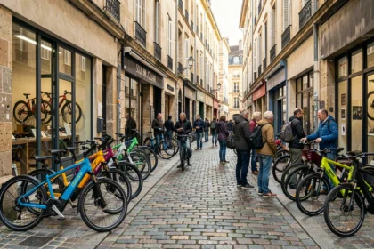 Vue d'ensemble d'une rue commerçante en Gironde avec plusieurs magasins de vélos électriques et des cyclistes urbains