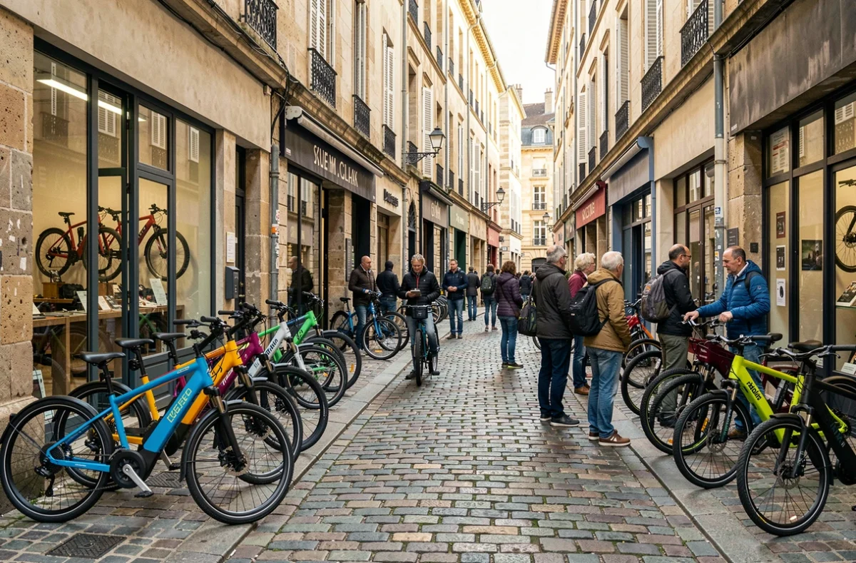 Vue d'ensemble d'une rue commerçante en Gironde avec plusieurs magasins de vélos électriques et des cyclistes urbains