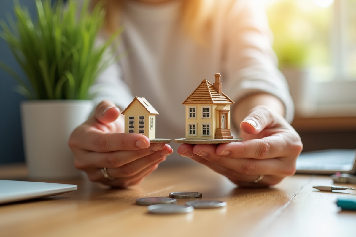 Mains tenant modeles de bâtiments et pièces d euro sur un bureau ensoleille