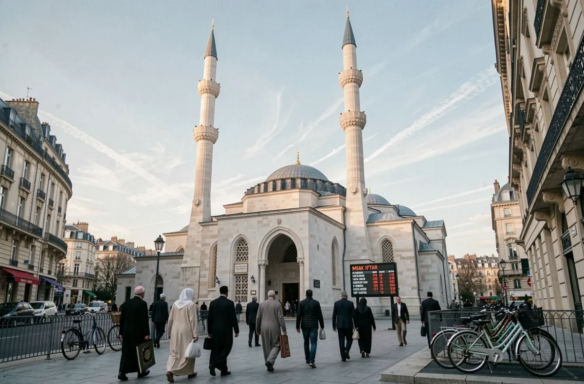 Mosquée française avec minaret blanc et fidèles se rendant à la prière du Ramadan, panneau horaires imsak et iftar visible à l'entrée