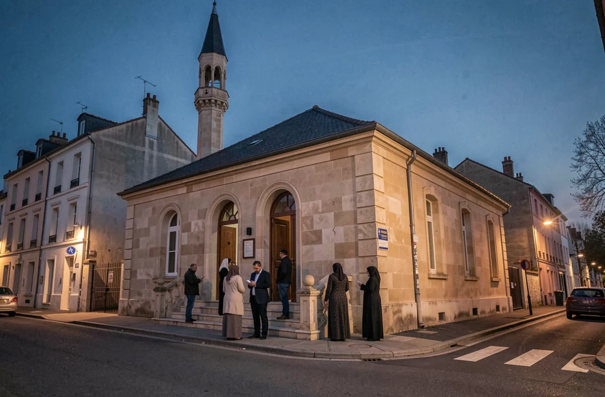 Fidèles devant une mosquée à Orléans au crépuscule pendant le ramadan 2026