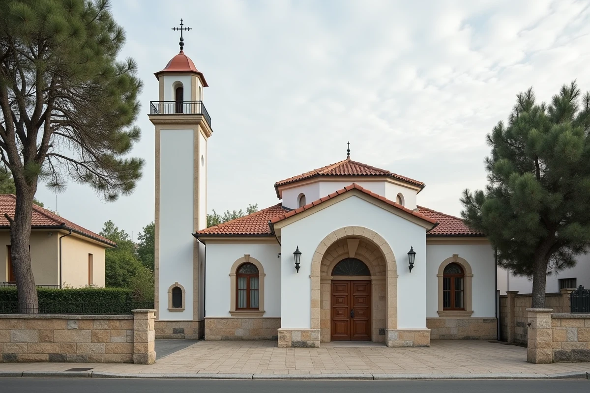 Façade extérieure de la mosquée de Ris-Orangis avec minaret blanc et portail arqué dans un quartier résidentiel