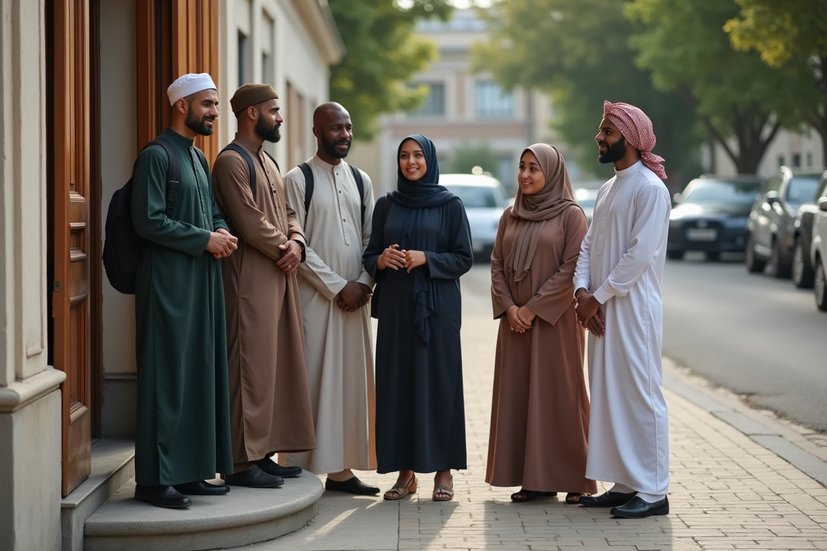 Fidèles de la mosquée de Ris-Orangis discutant sur le parvis après la prière du vendredi