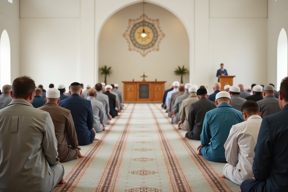 Salle de prière intérieure de la mosquée avec fidèles en prière sur des tapis géométriques