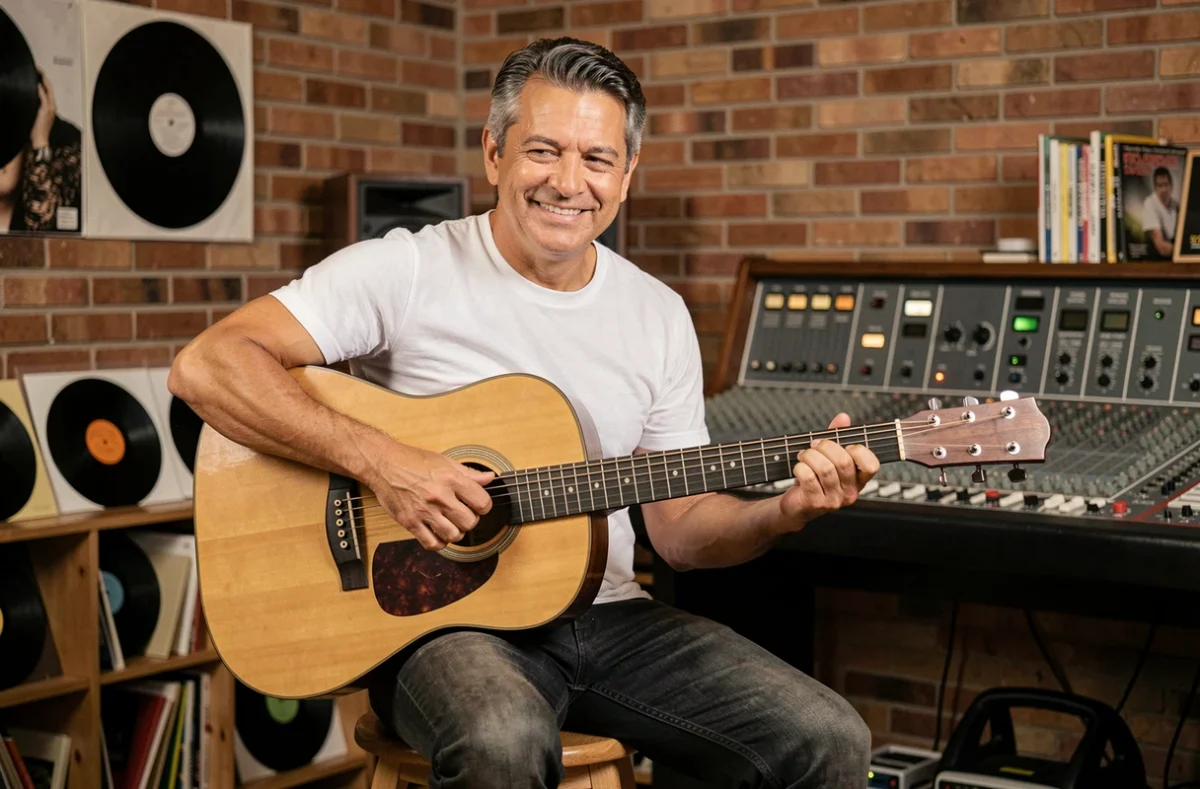 Musicien brésilien jouant de la guitare acoustique dans un studio d'enregistrement chaleureux, ambiance intime et créative