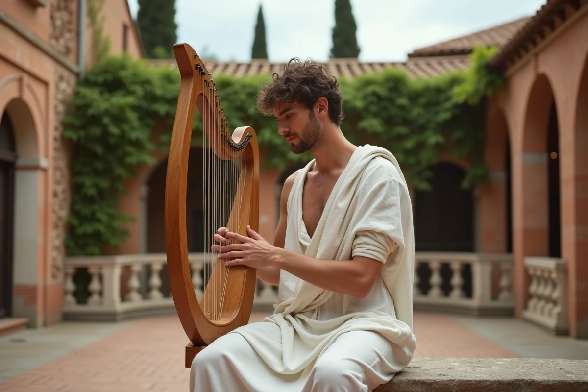 Musicien en tenue grecque antique jouant de la lyre dans une cour méditerranéenne, évoquant Apollon dieu des arts dans la mythologie grecque
