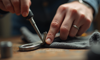 Main nettoyant une clé hex avec un chiffon sur un plan de travail en bois
