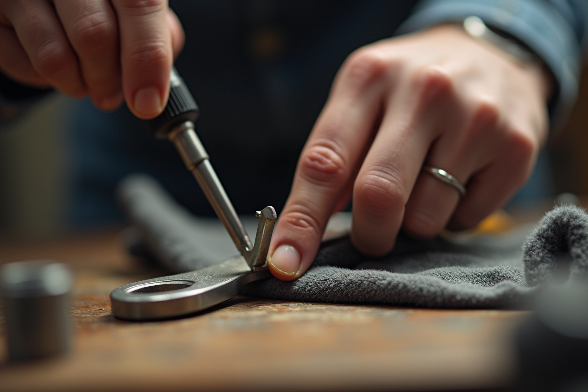 Main nettoyant une clé hex avec un chiffon sur un plan de travail en bois