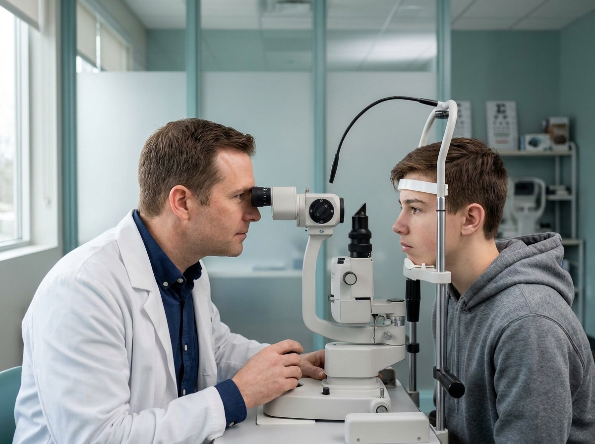 Opticien examinant la vue d'un adolescent dans un cabinet d'optométrie moderne, dans le contexte de l'augmentation de la myopie chez les jeunes en France
