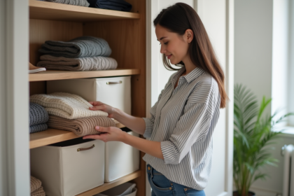 Femme organisant son placard moderne dans un appartement lumineux