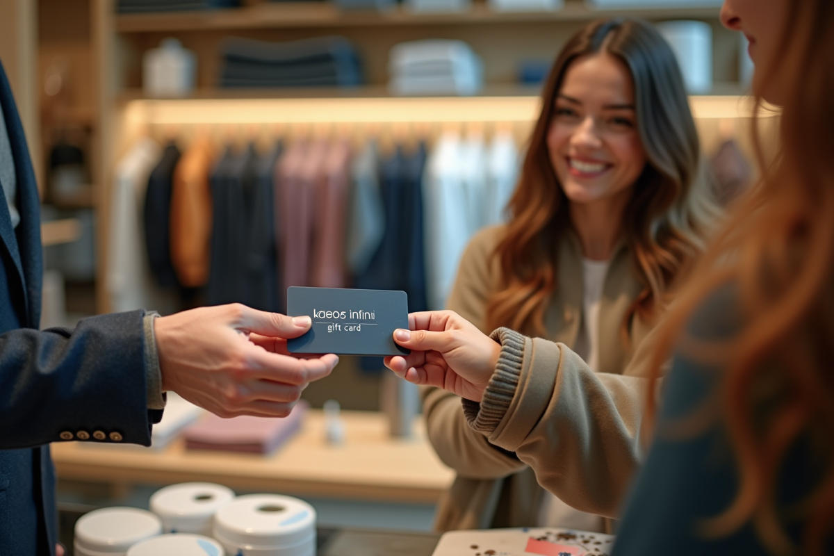 Personne souriante remettant une carte cadeau Kadeos Infini au caissier dans un magasin de vêtements