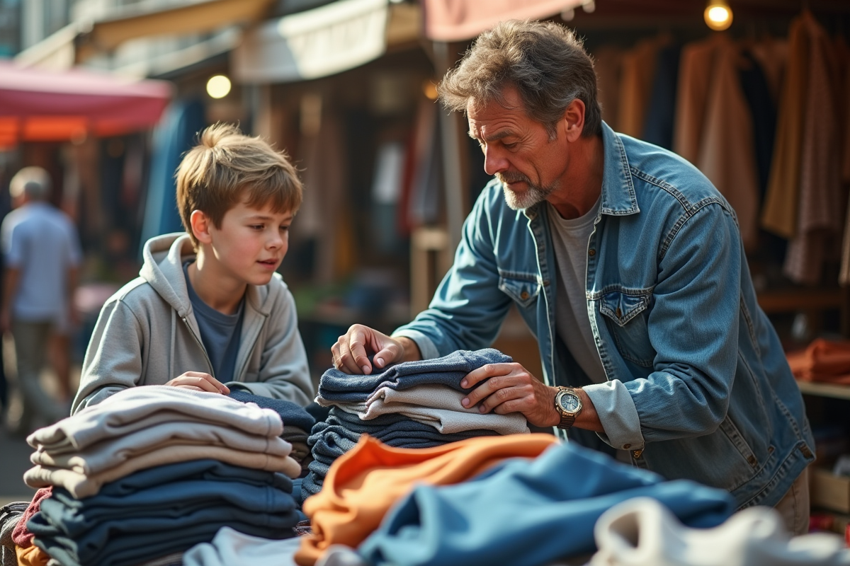 Père et fils triant des vêtements dans un marché aux puces en plein air