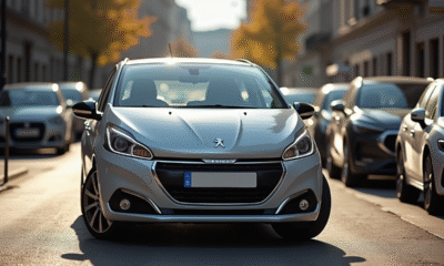 Voiture Peugeot 208 argentée sur une rue urbaine ensoleillée