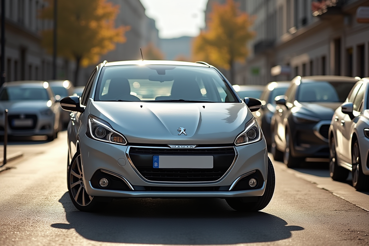 Voiture Peugeot 208 argentée sur une rue urbaine ensoleillée