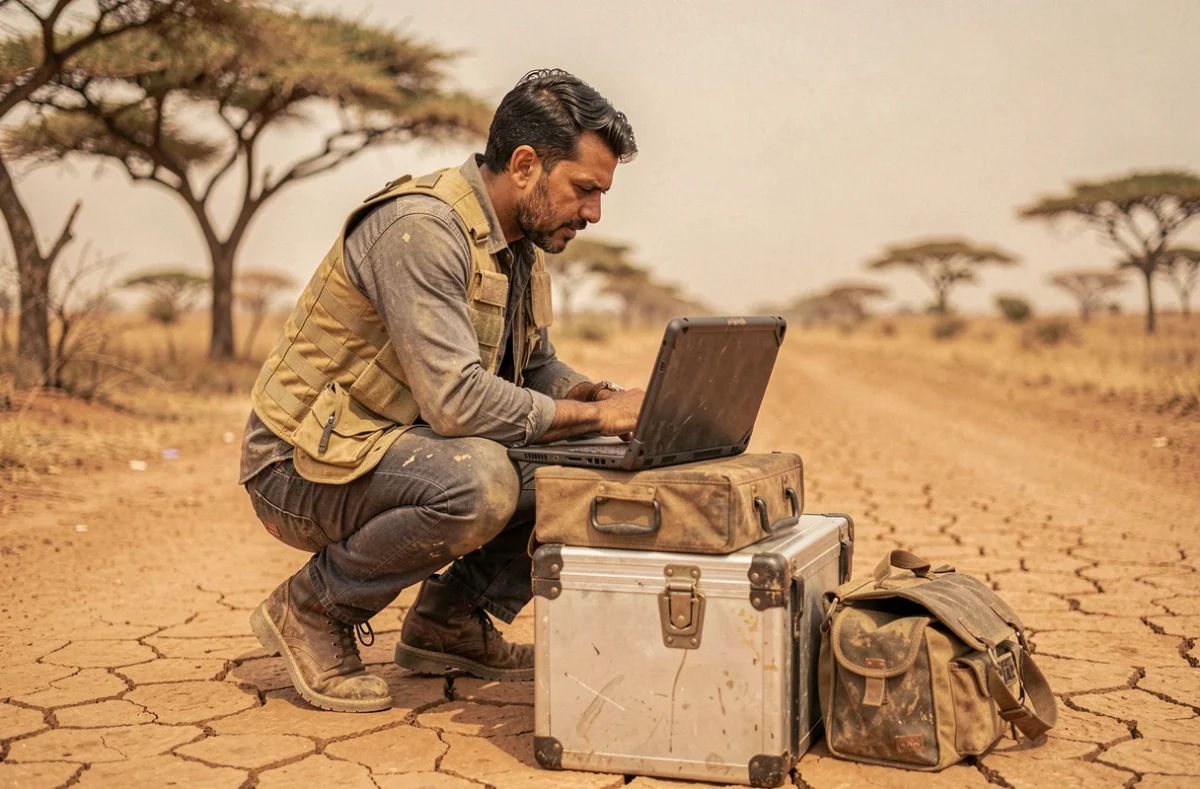 Photojournaliste avec ordinateur durci sur une piste latéritique au Sahel couvrant les opérations militaires en zone de conflit