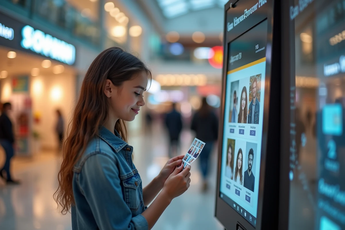 Jeune fille tenant une planche de quatre photos d'identité sorties d'un photomaton dans un centre commercial