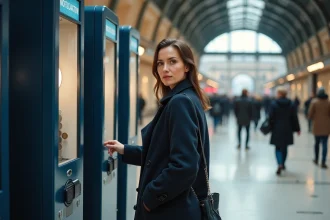 Femme utilisant un photomaton dans une gare ferroviaire française, insérant des pièces dans la machine