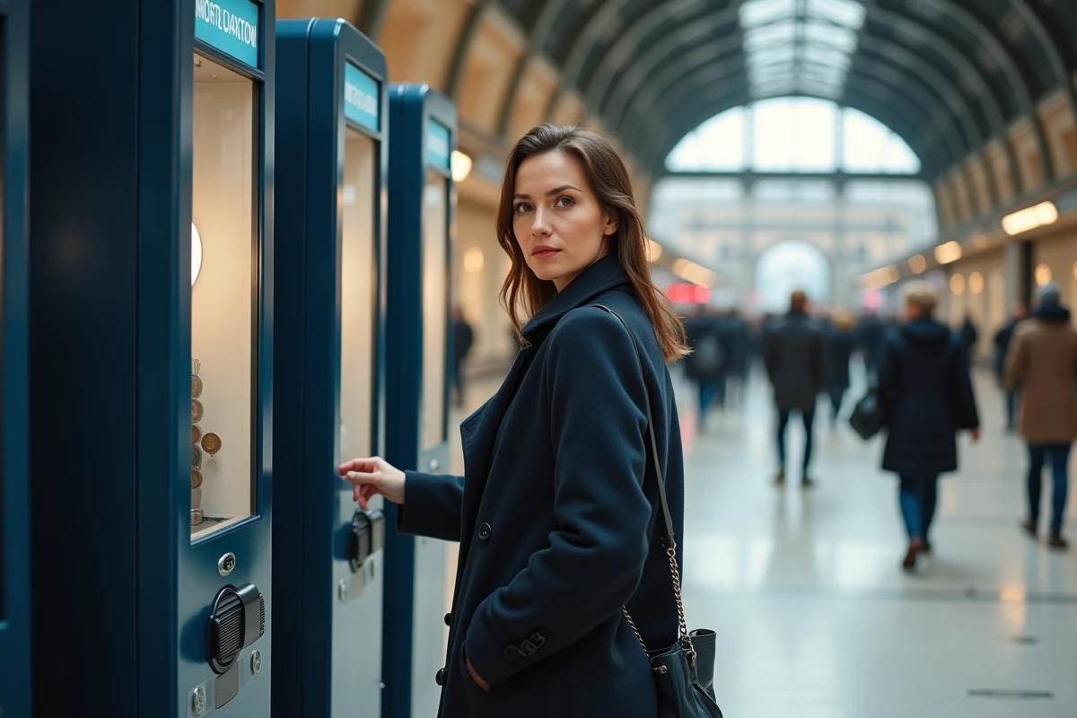 Femme utilisant un photomaton dans une gare ferroviaire française, insérant des pièces dans la machine